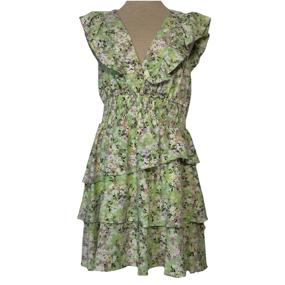 Floral Mini Dress M Cottagecore Boho Fairycore Ruffles V-neck Smocked BCBG‎ NWT